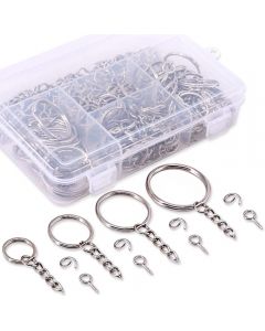 Swpeet 300Pcs Key Chain Rings Kit, 100Pcs Keychain Rings with Chain and 100Pcs Jump Ring with 100Pcs Screw Eye Pins Bulk for Jewelry Findings Making - 3/5 Inch, 4/5 Inch, 1 Inch, 6/5 Inch (Sliver)