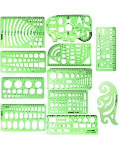 ipxead 11 Piece Geometric Drawing Template Measuring Ruler, Transparent Green Plastic Ruler with Portable Plastic Bag for, for Studying, Designing and Building