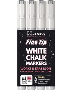 Kassa White Chalk Markers Fine Tip (4 Pack 3mm) - Chalkboard Markers Erasable - Wet Erase Markers for Glass Blackboard Windows - Liquid Chalk Pens Include Dual Chisel & Bullet Tip