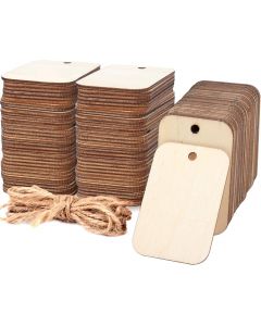 100 Pcs Unfinished Wood Pieces Rectangle-Shaped, Light Wooden Cutout Natural Rustic with Hole, and 2M Hemp Rope, for Craft Projects, Hanging Decorations, Painting, Staining (2” x 1.3”)