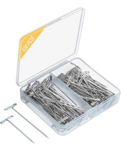 HDONG 120 PCS T - Pins, Stainless Steel Wig T Pins 2 in (50 PCS) and (70 PCS) 1-1/ 2 in, Silver T Shaped Pins for Blocking Knitting, Modelling Crafts and Office with Plastic Box.