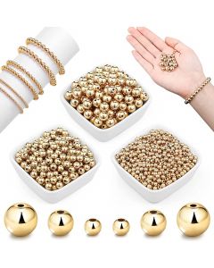 1200 Pieces Beads Ball Round Beads Beaded Spacer Beads Seamless Smooth Loose Ball Beads for Stackable Bracelet Jewelry Craft Making, 8 mm, 6 mm, 4 mm (Gold)