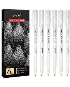 White Gel Pen Set - 0.8 mm Extra Fine Point Pens Gel Ink Pens for Black Paper Drawing, Sketching, Illustration, Card Making, Bullet Journaling, Pack of 6
