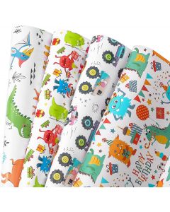 Camkuzon Birthday Wrapping Paper for Boys, Girls, Kids. 4 Cute Design Includes Monster,Car,Dinosaur.Gift Paper for Holiday,Party,Baby Shower-1 Pack Contains 10 Sheets-20 inch X 30 inch Per Sheet ,Folded Flat, Not Rolled