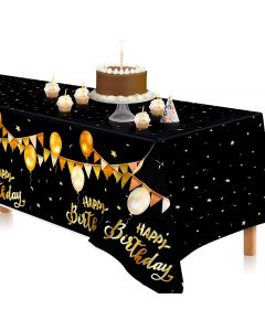 FZR Legend Happy Birthday Tablecloth, Plastic Tablecloth with Gold Stars Plastic Table Cover Disposable Black Tablecloth for 90th 80th 70th 60th 50th 40th 30th Birthday Party Decoration - 54" x 108"