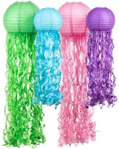 Jellyfish Paper Lanterns 4 Pack Multiple Sizes and Colors Mermaid Under The Sea Ocean Birthday Party Decorations Supplies Easy Setup Room Décor